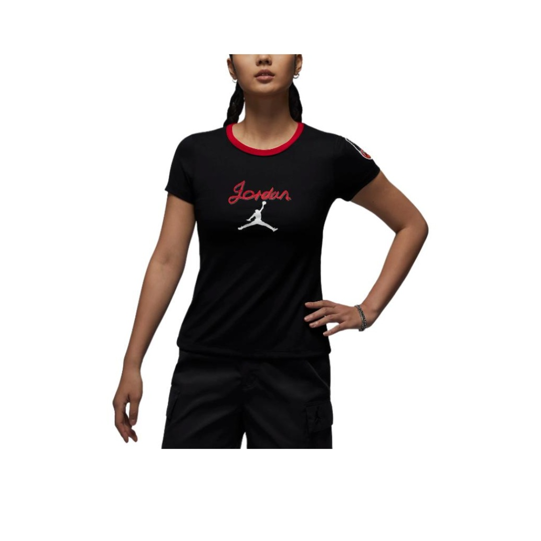 Jordan 黑色 女款 LOGO字母印花 拼色圆领短袖T恤HM4895-010