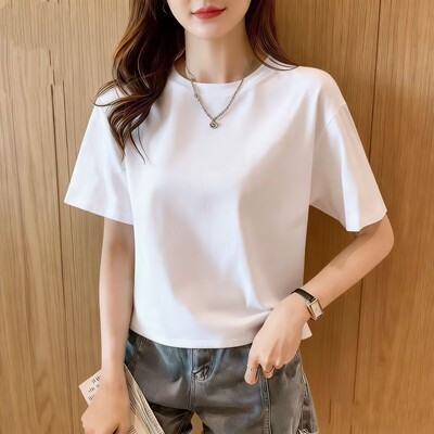 夏季新款小个子短袖t恤女宽松遮肚简约休闲百搭显瘦短款半袖上衣