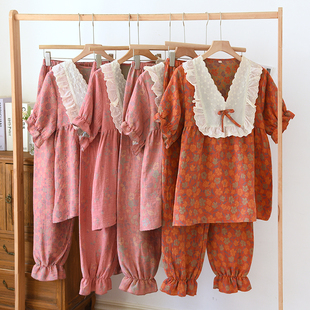 女睡衣纯棉色织V领蕾丝花边短袖春夏季薄款收口长裤公主风套装