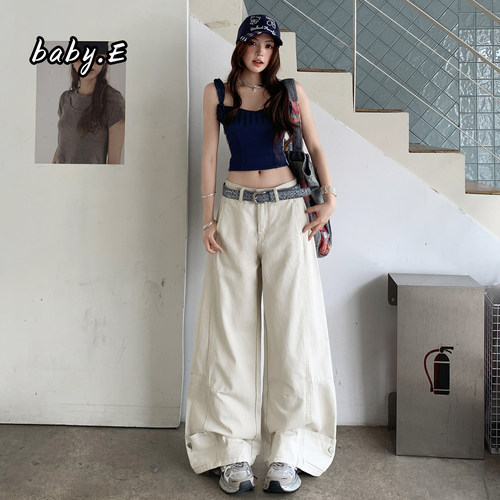 Baby.E卡其色弯刀工装牛仔裤女