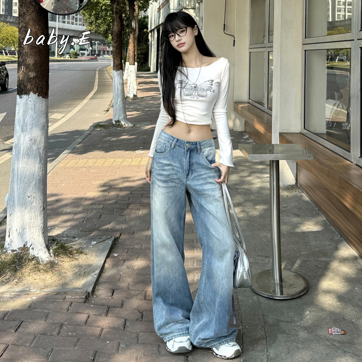 Baby.E水洗折痕阔腿牛仔裤女夏季