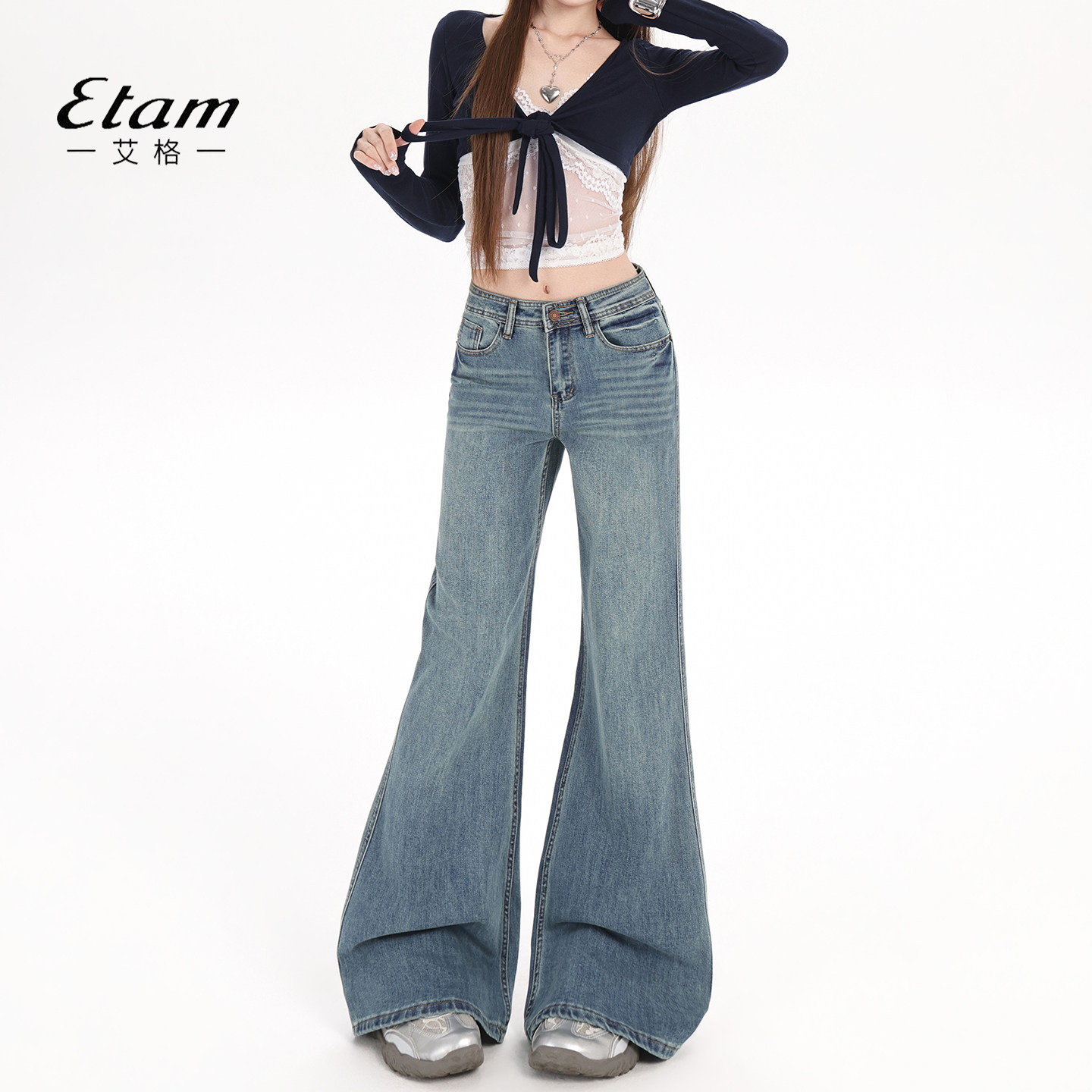 艾格Etam低腰辣妹微喇牛仔裤女春季2026年新款高个子加长喇叭长裤,女装/女士精品,牛仔裤,淘宝优惠券,粉丝福利购,淘宝优惠卷