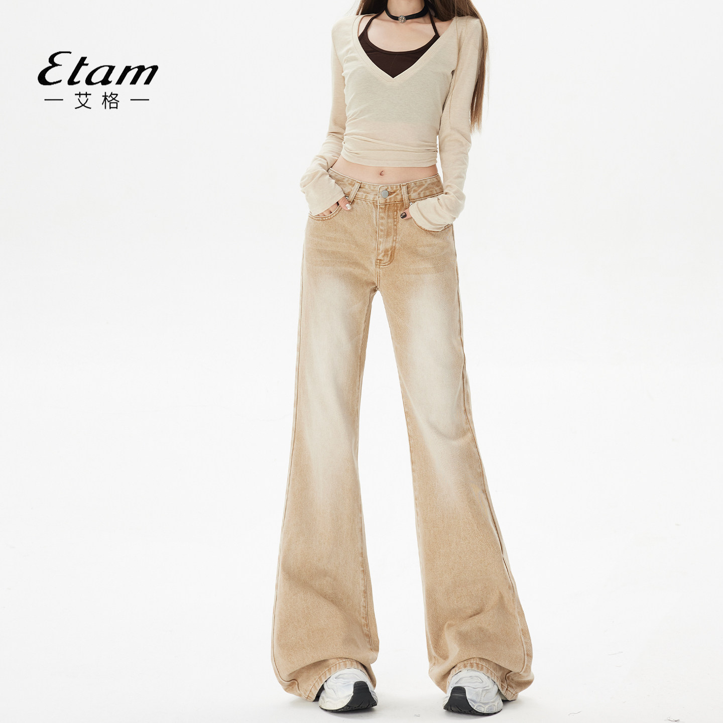 艾格Etam焦糖卡其棕微喇牛仔裤女美式复古低腰辣妹不贴腿喇叭裤子