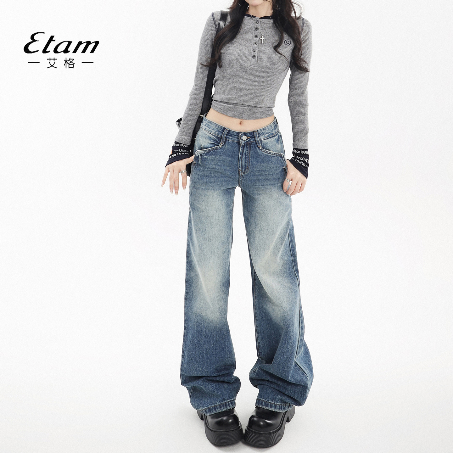 艾格Etam低腰辣妹直筒牛仔裤女