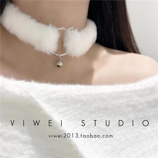 「铃铛小猫咪」秋冬毛绒项圈爱心Y2K辣妹lolita锁骨链颈链配饰女