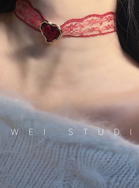 「纯欲心跳」新年红蕾丝choker爱心千禧辣妹高级显白锁骨链项圈女