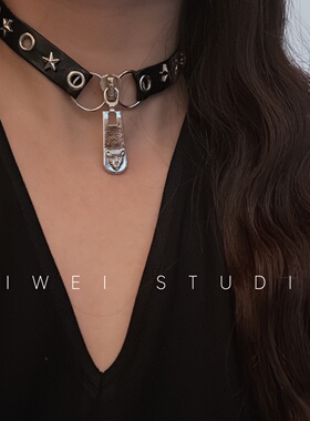 「朋克废土」哥特原宿风亚文化豹头金属拉链小众暗黑风锁骨链项圈
