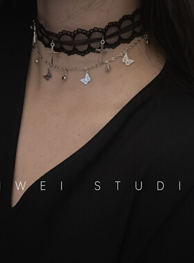 「繁星」choker小众设计气质双层蕾丝流苏蝴蝶十字架锁骨链项圈女