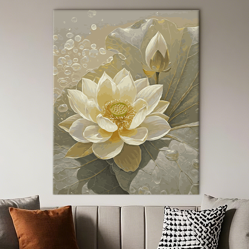 荷花数字油画diy填充奶油色花卉客厅白墙装饰画高级感成人手工图片