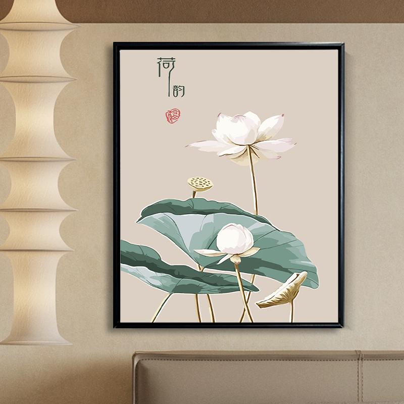 荷花花卉diy数字油画手工填充丙烯油彩画填色餐厅装饰画挂图片