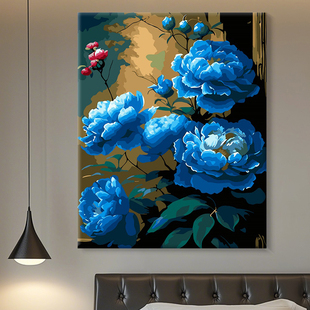 数字油画diy填色解压手绘手工填充油彩客厅玄关装饰画 蓝色牡丹花
