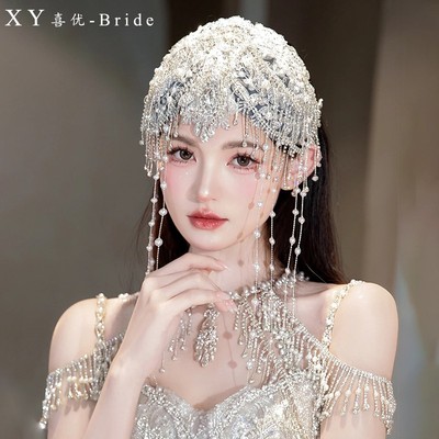 喜优新款重工刺绣复古新娘头饰手工串珠流苏额坠纱帽婚纱礼服配饰