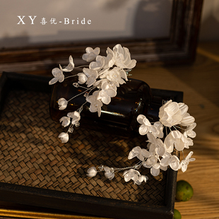 喜优新款手工烫花白色仙美头饰新娘婚纱造型配饰影楼跟妆侧边夹