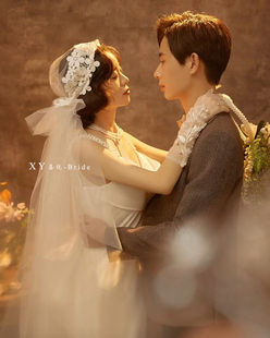 港风仙气新娘花朵包边纱法式复古珍珠蕾丝民国风头纱帽气质旅拍饰