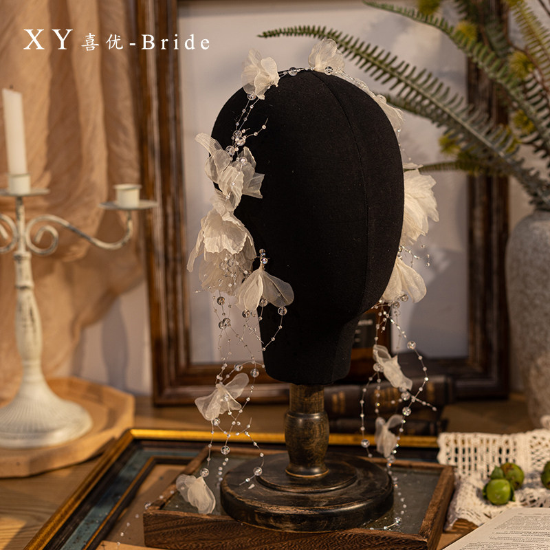 法式仙美奶茶色绢花水晶串珠发带头饰套装新娘婚纱礼服晨袍头花