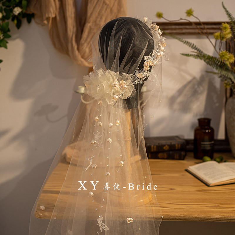 新品香槟色串珠花瓣包边复古花苞头纱唯美婚礼拍照外景样片影楼饰