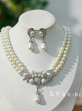新款复古双层珍珠项链优雅choker锁骨链耳环套装新娘婚纱礼服配饰