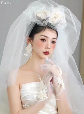 原创手作花瓣羽毛白色蕾丝短款手套新娘结婚森系写真礼服婚纱饰品
