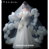 复古夸张大花朵凹造型摄影道具新娘头纱高级感长款 梦幻玫瑰花头纱