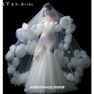 复古夸张大花朵凹造型摄影道具新娘头纱高级感长款梦幻玫瑰花头纱