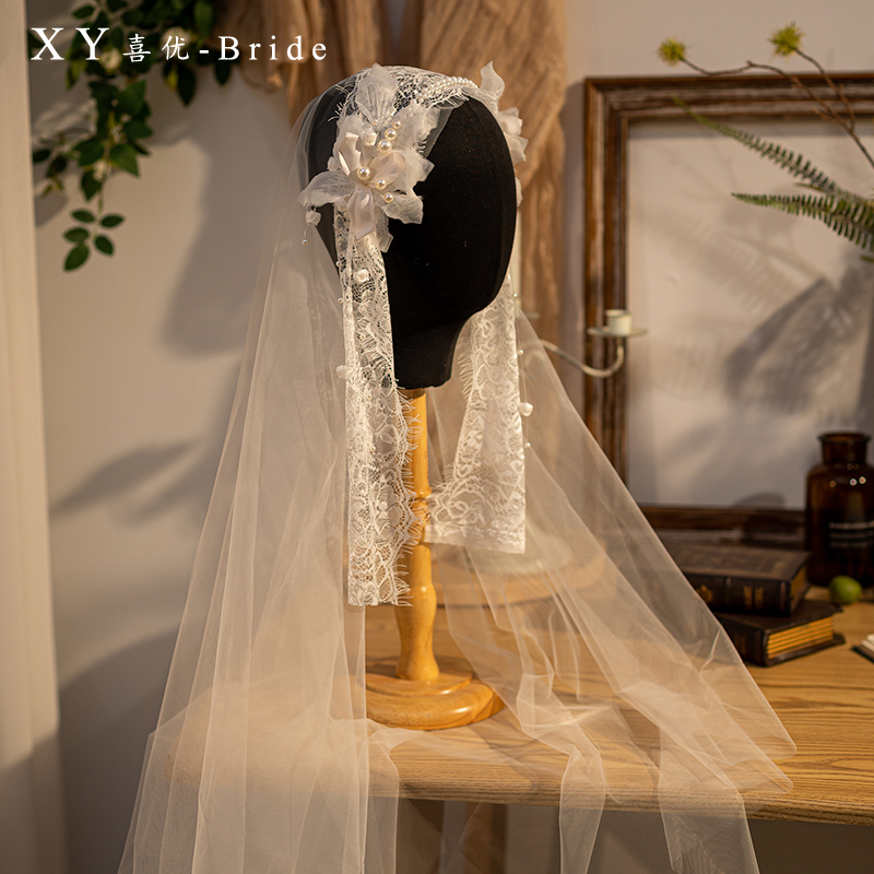 森系仙美蕾丝珍珠铃兰花朵复古包头纱复古民国风新娘头饰影楼配饰