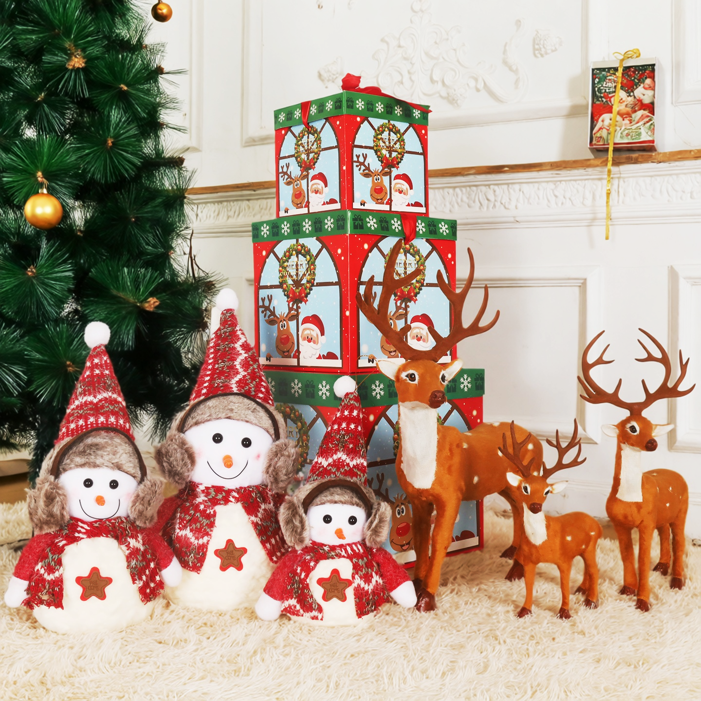 圣诞树下装饰雪人麋鹿礼盒堆头商场店铺节日氛围场景布置装扮摆件
