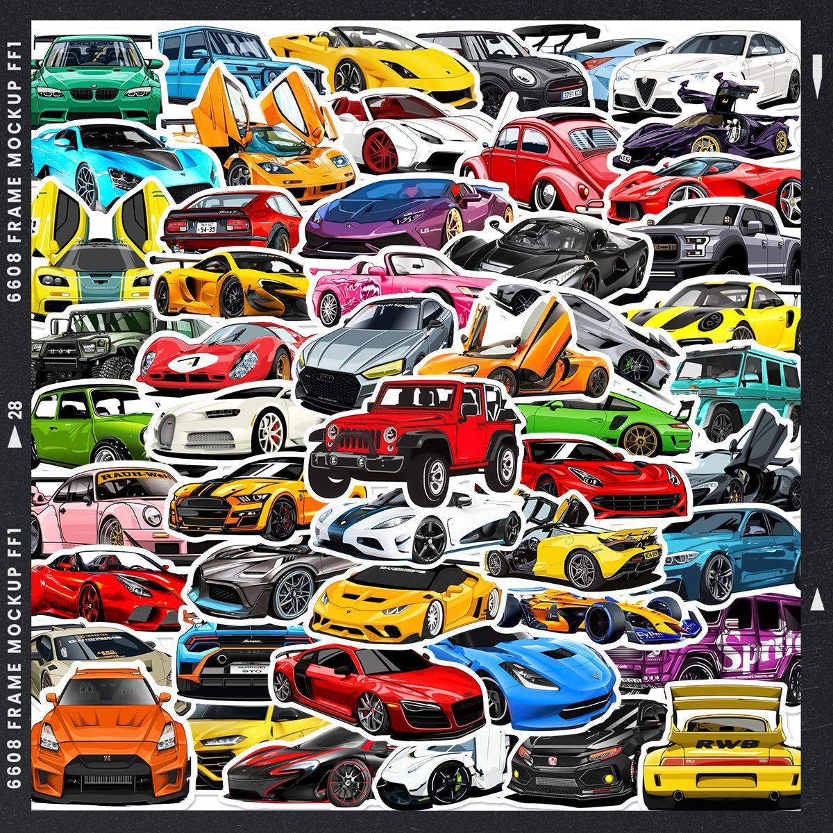 50张卡通酷炫跑车个性涂鸦贴画笔记本摩托车电动车滑板车头盔贴纸