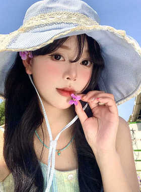 小清新蓝色格子蕾丝蝴蝶结渔夫帽女春夏大帽檐遮阳防晒帽太阳帽子