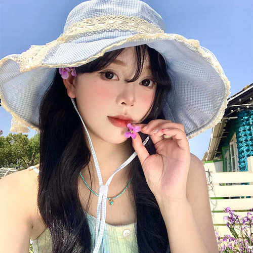 清新蓝色格子蕾丝蝴蝶结渔夫帽女