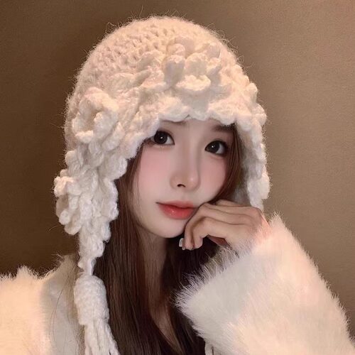 立体花朵手工针织帽女秋冬季韩系
