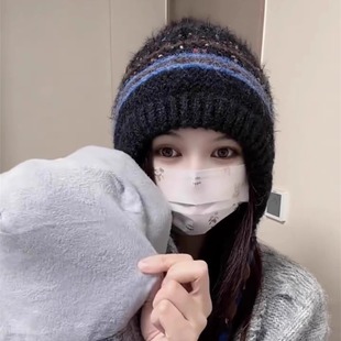 费尔岛风毛球针织帽女秋冬软糯加绒保暖护耳毛线帽东北防寒雷锋帽