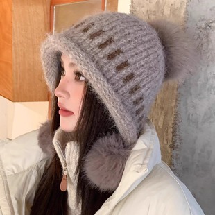 慵懒风加厚双层护耳防寒三毛球兔毛帽子女冬季加绒护脸针织毛线帽