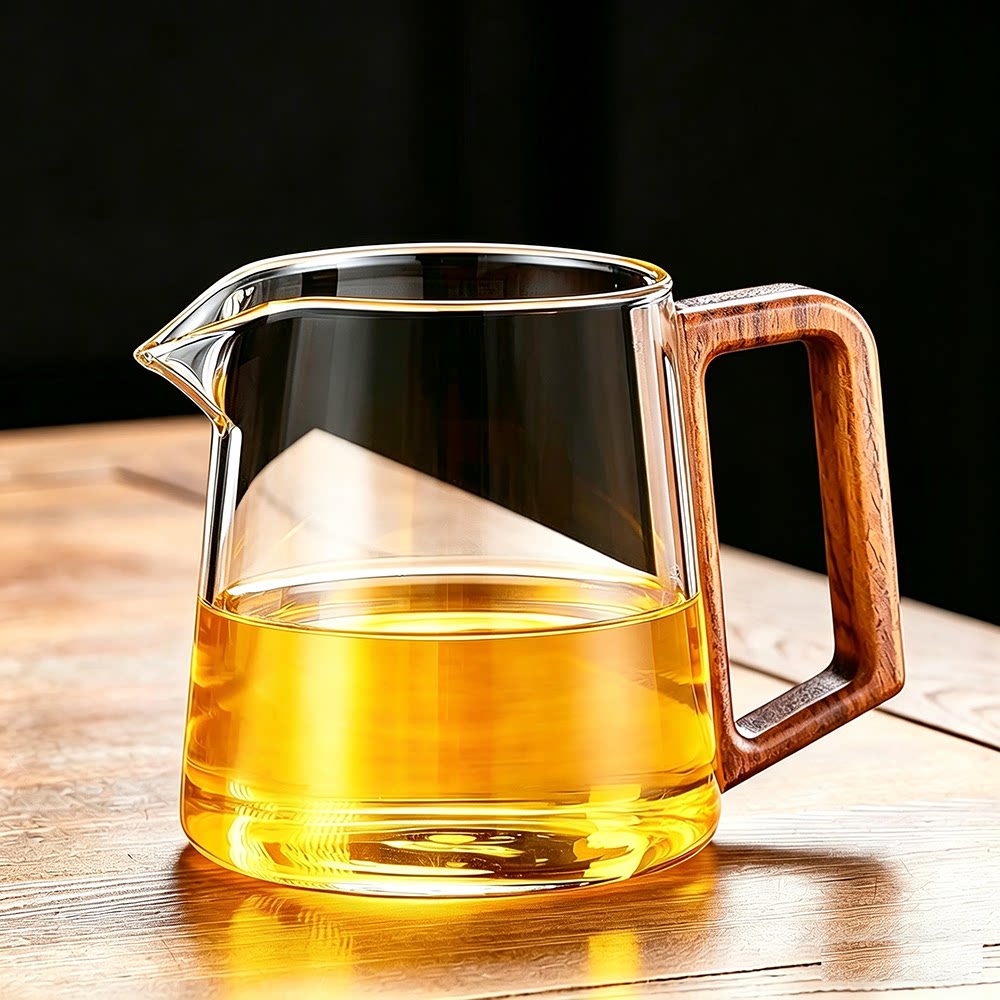 加厚耐高温玻璃公道杯胡桃木把茶水分离泡茶器办公室个人专用
