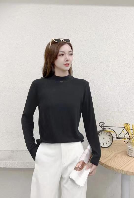 半高领女长袖2024秋装新款修身内搭打底衫卡其色百搭软糯上衣
