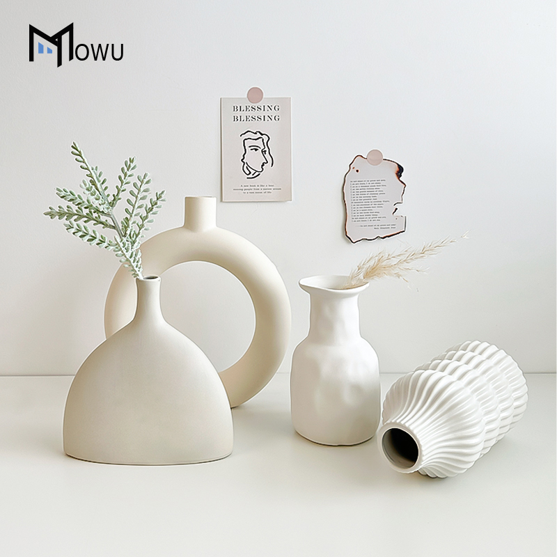 素胚花瓶侘寂风摆件客厅插花干花创意装饰陶瓷艺术品异形白色陶罐