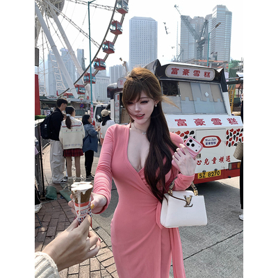 With 99jiu【粉韵美人】气质V领一片式绑带连衣裙修身显瘦包臀裙