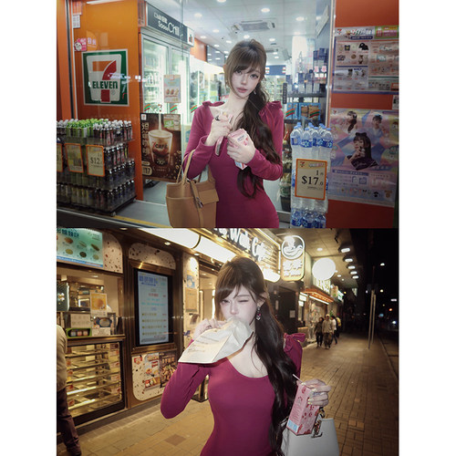 With 99jiu【半岛玫夜】设计感一字肩修身包臀连衣裙内搭圣诞约会