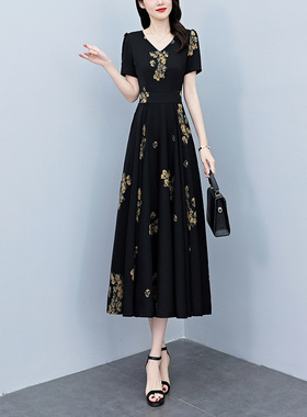 lzl7655时尚复古印花连衣裙女2026夏季新款大码胖mm收腰显瘦长裙