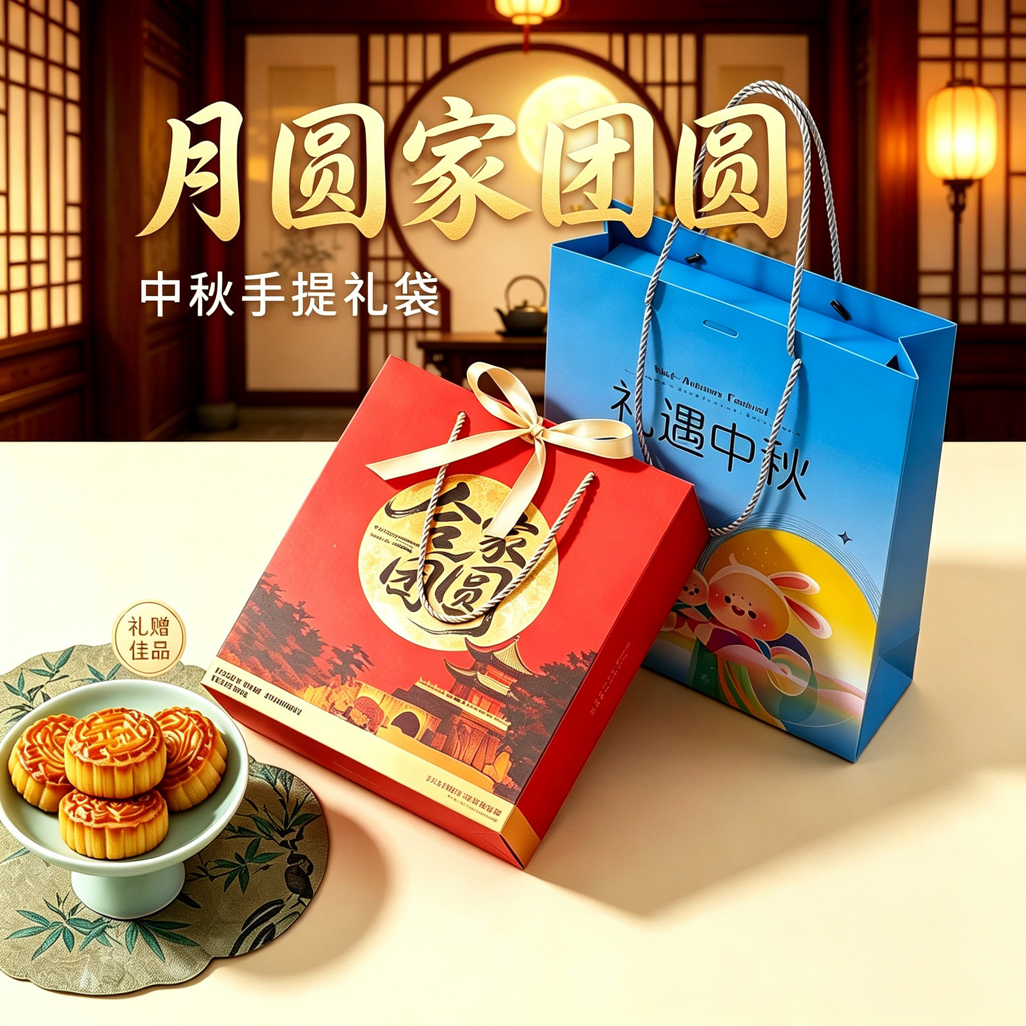 中秋节礼品袋月饼手提袋伴手礼物袋新款红色蓝色纸袋定制印logo