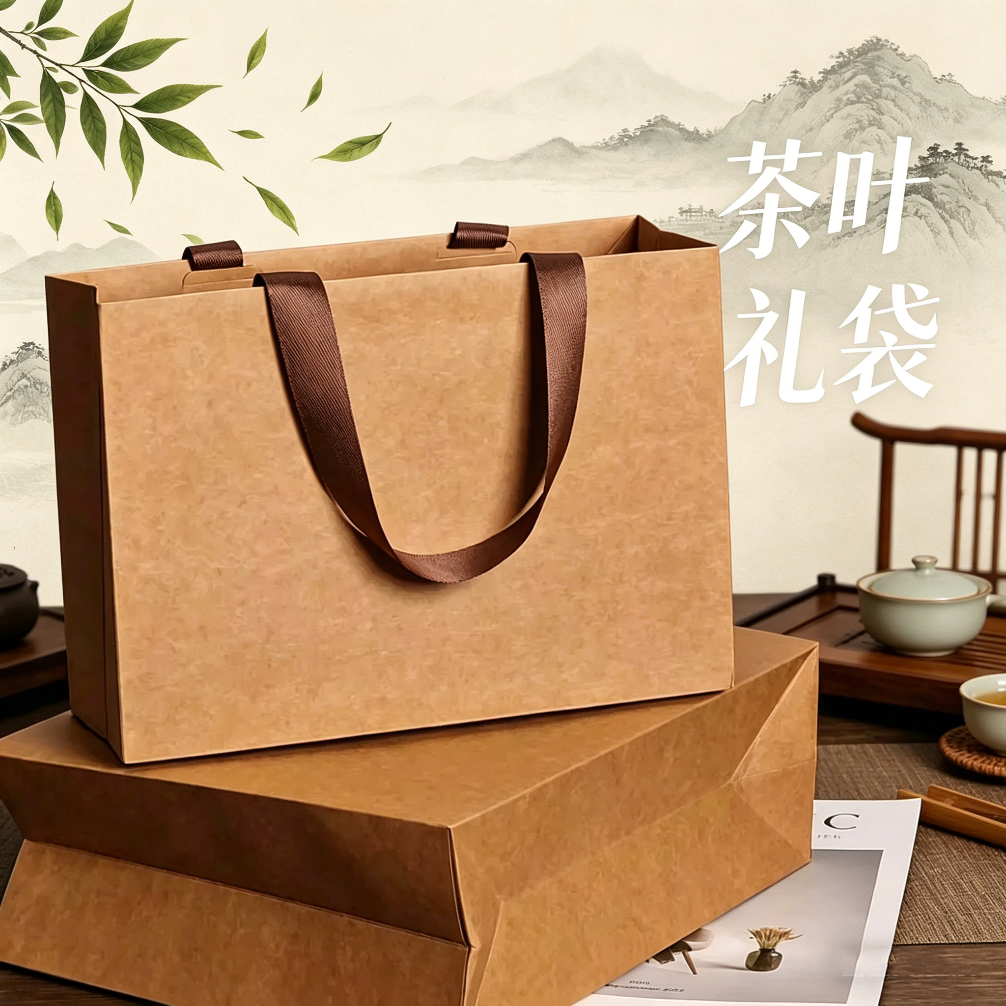 茶叶手提袋定制高档通用专礼盒散茶包装袋子龙井茶牛皮纸袋礼品袋