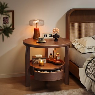 全实木中古风床头柜2025新款家用卧室床头柜替代品圆形创意置物架