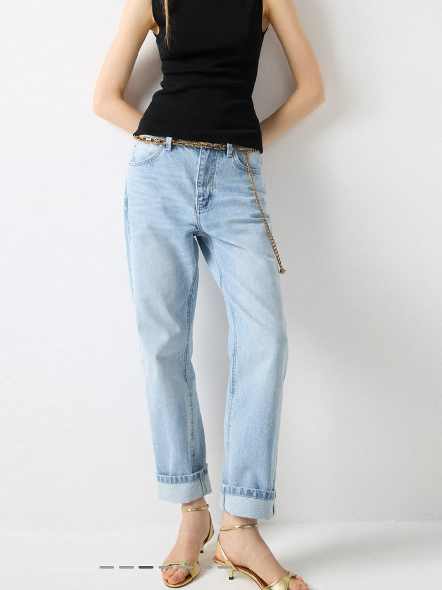 thumbnail for Russian LIE washed light blue slimming mid-rise jeans women's retro fashion curled loose straight pants F2147