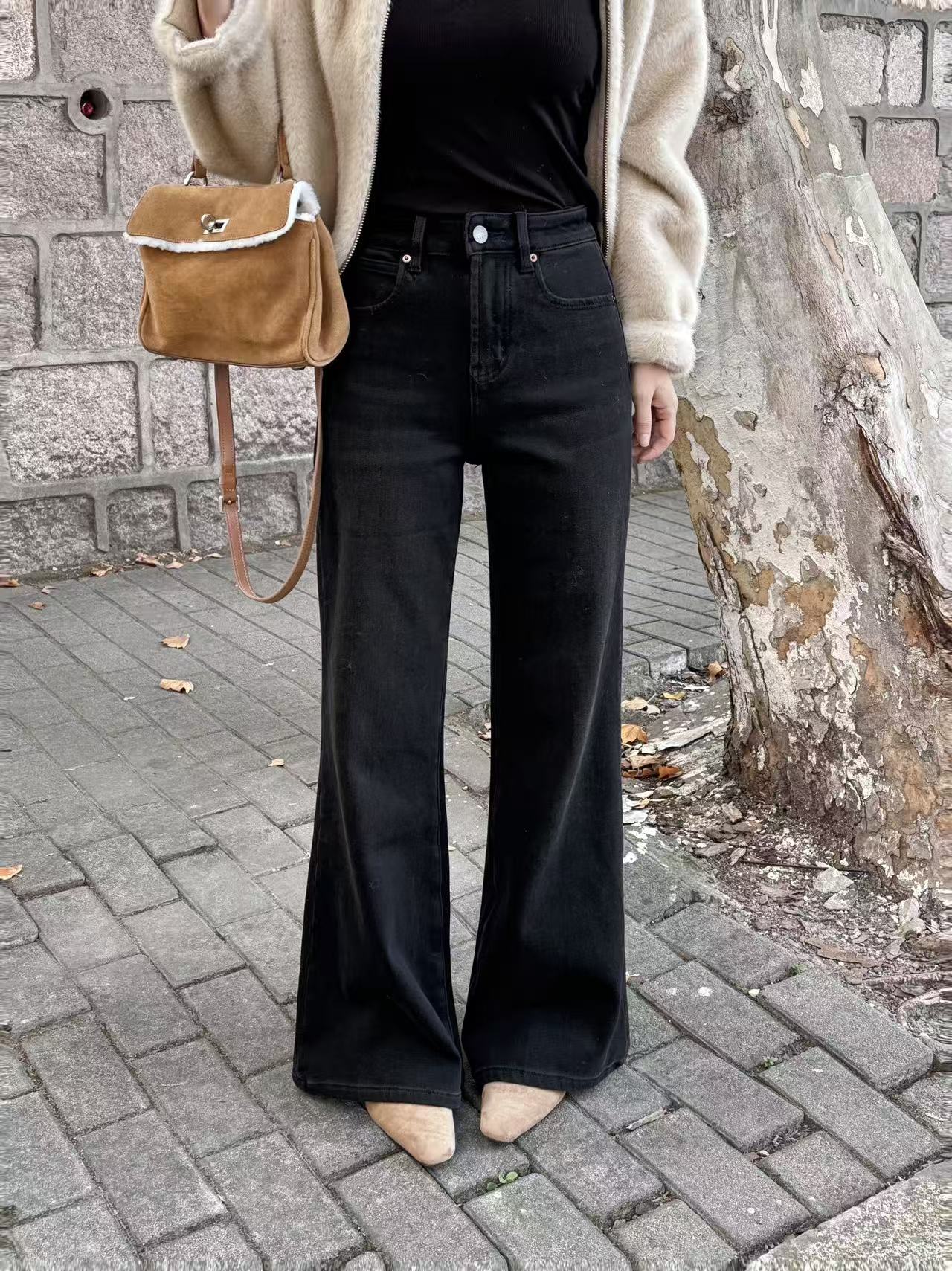 高品质加厚加绒牛仔裤微喇直筒裤高弹显瘦百搭