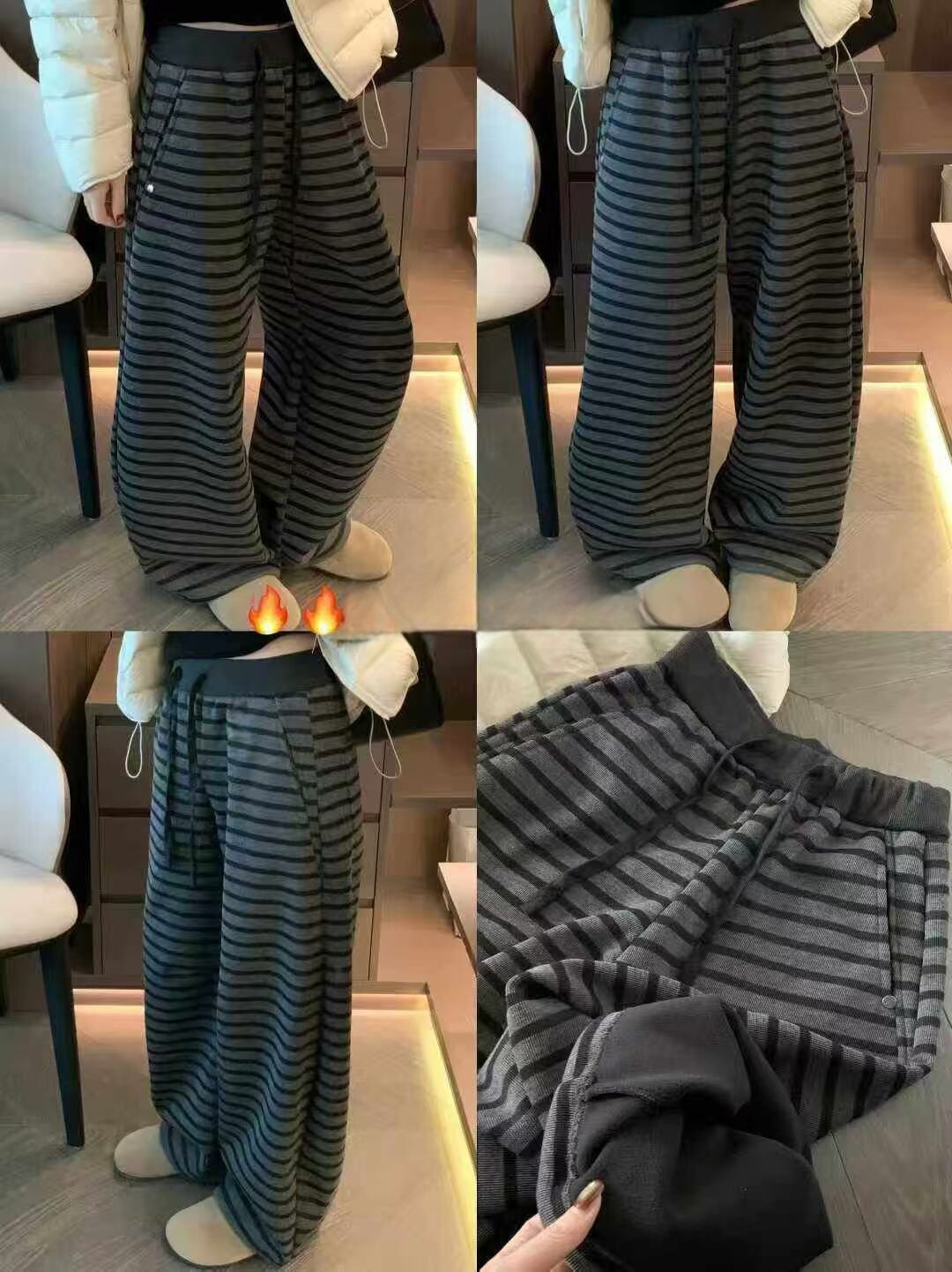 高品质加厚加绒条纹针织弯刀裤裤脚收口