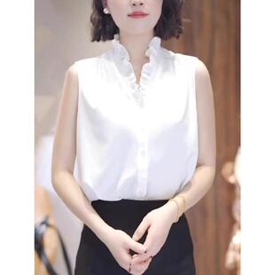 法式白色衬衫女士大码胖MM夏季设计感洋气减龄木耳边v领无袖上衣