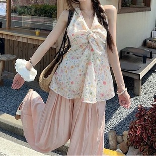 法式 碎花扭结挂脖背心粉色纯欲 少女感减龄甜美女夏季 2025新款