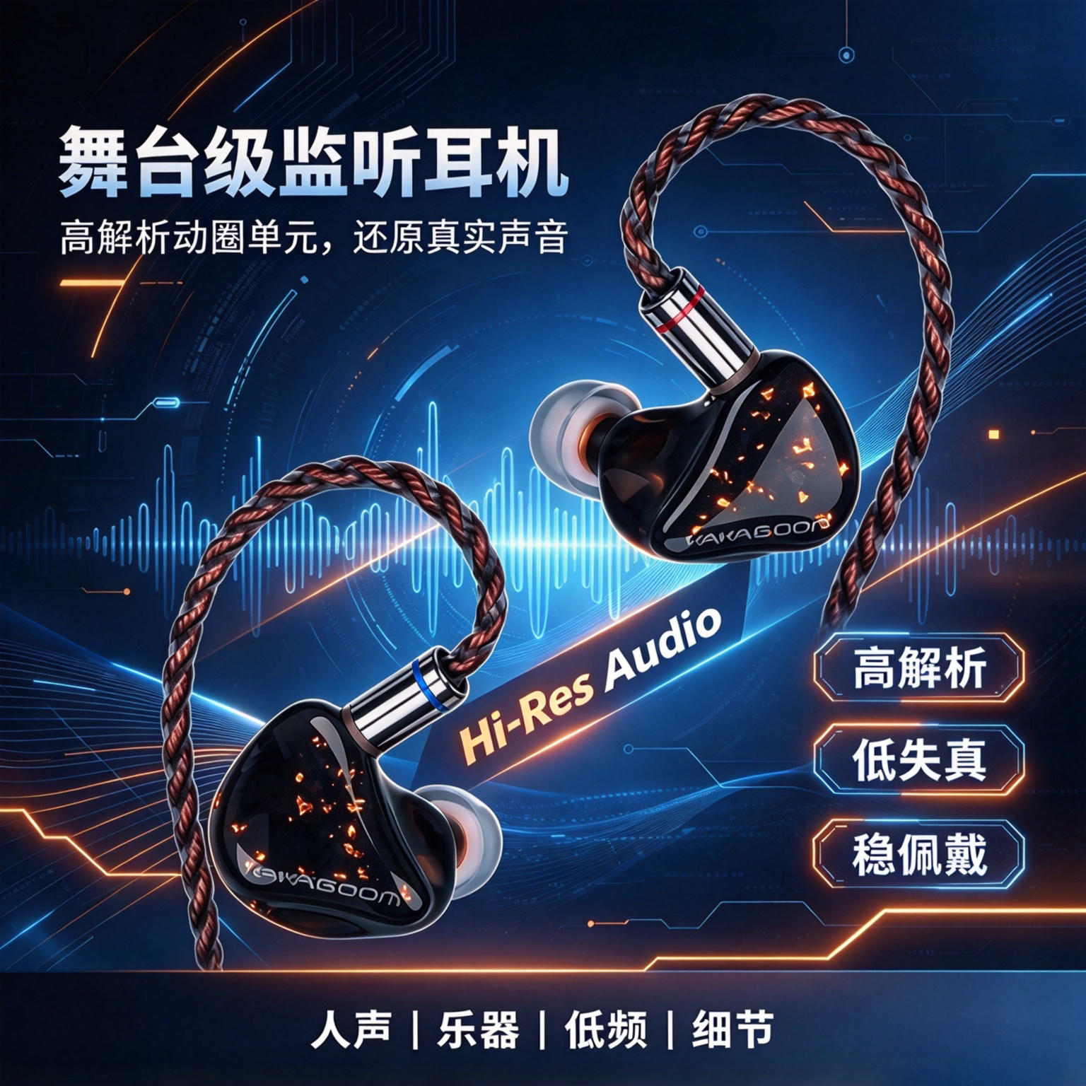 咖咖邦专业耳监听耳机有线立体声HIFI高解析直播录音 K歌舞台耳返