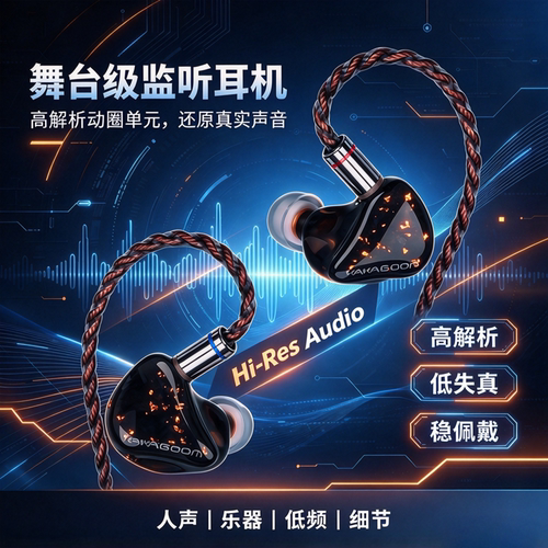 咖咖邦专业耳监听耳机有线立体声HIFI高解析直播录音 K歌舞台耳返