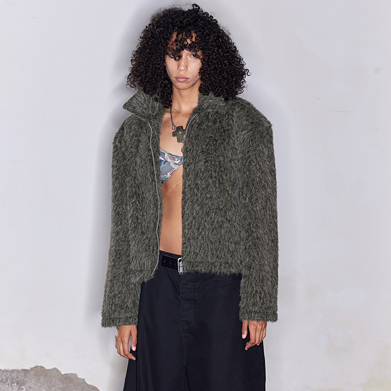 FSG 墨绿色仿毛皮草拉链夹克