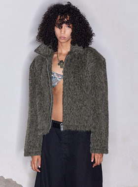 FSG 墨绿色仿毛皮草拉链夹克